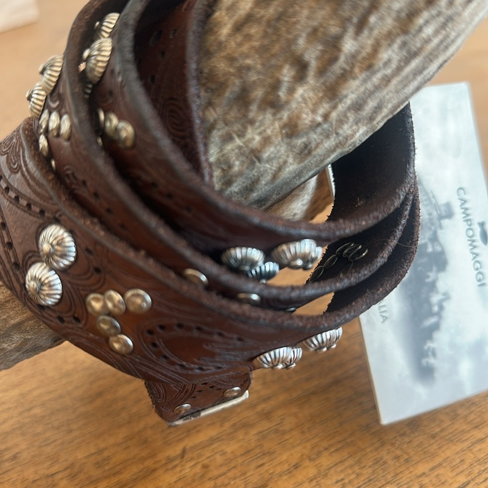 Campomaggi lazer cut tooled studded leather belt. New with tags from Sundance. - Picture 2 of 13